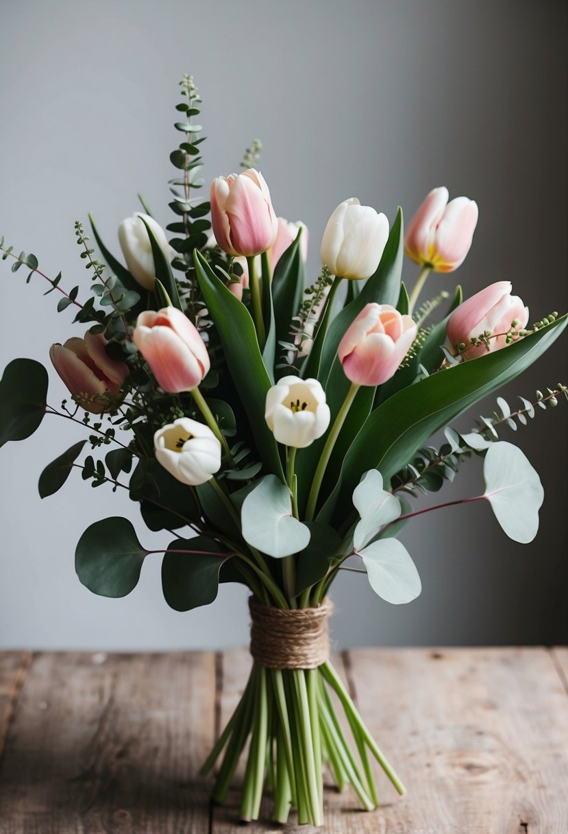 A rustic bouquet of tulips and eucalyptus leaves, arranged in a loose and natural style, with a mix of soft pinks, whites, and greens