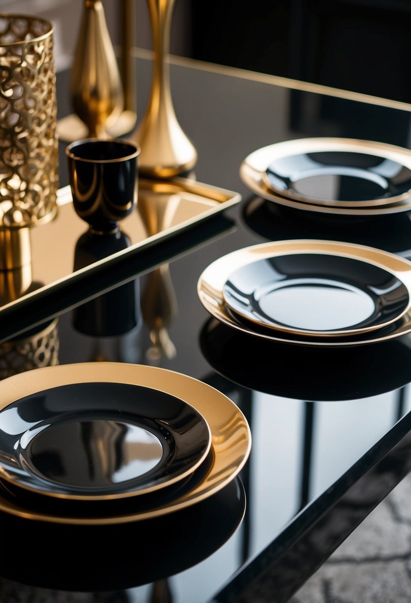 Black ceramic plates with gold rims arranged on a sleek black table with matching gold-accented decor