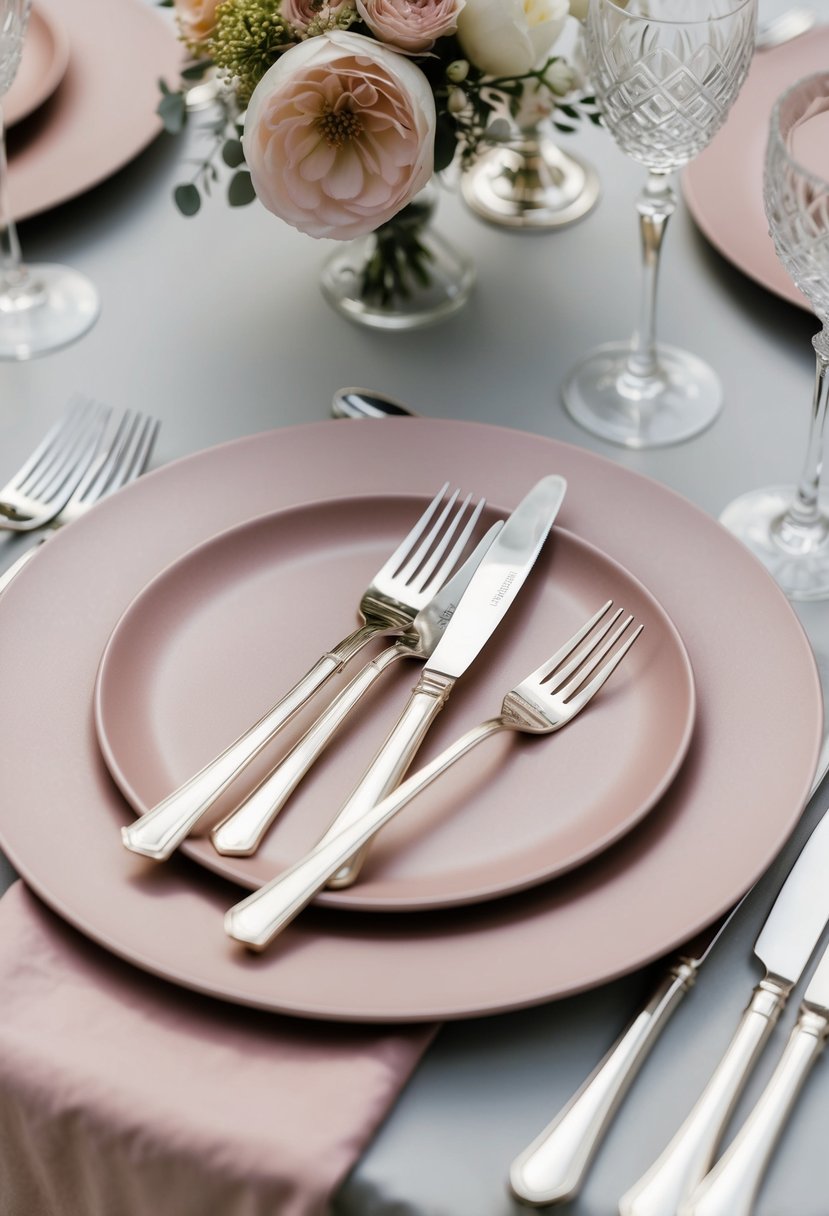 Silver cutlery rests on dusty pink plates, surrounded by matching napkins and delicate floral centerpieces