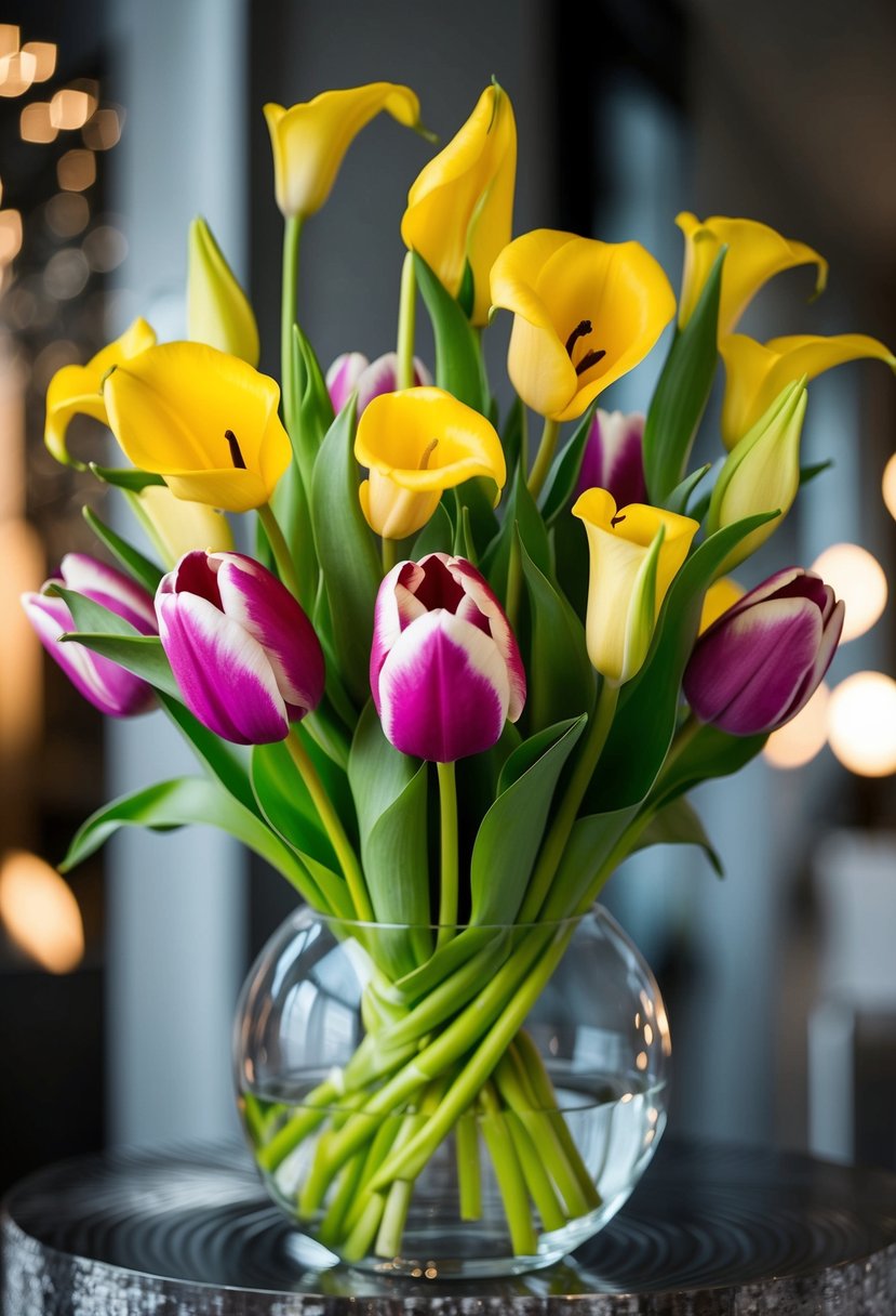 A bouquet of vibrant tulips and calla lilies arranged in a modern and stylish manner