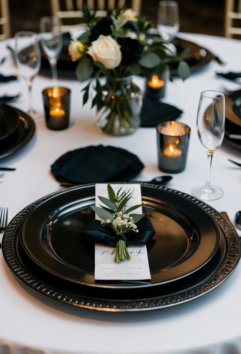 A table set with dark metallic chargers and black wedding decor