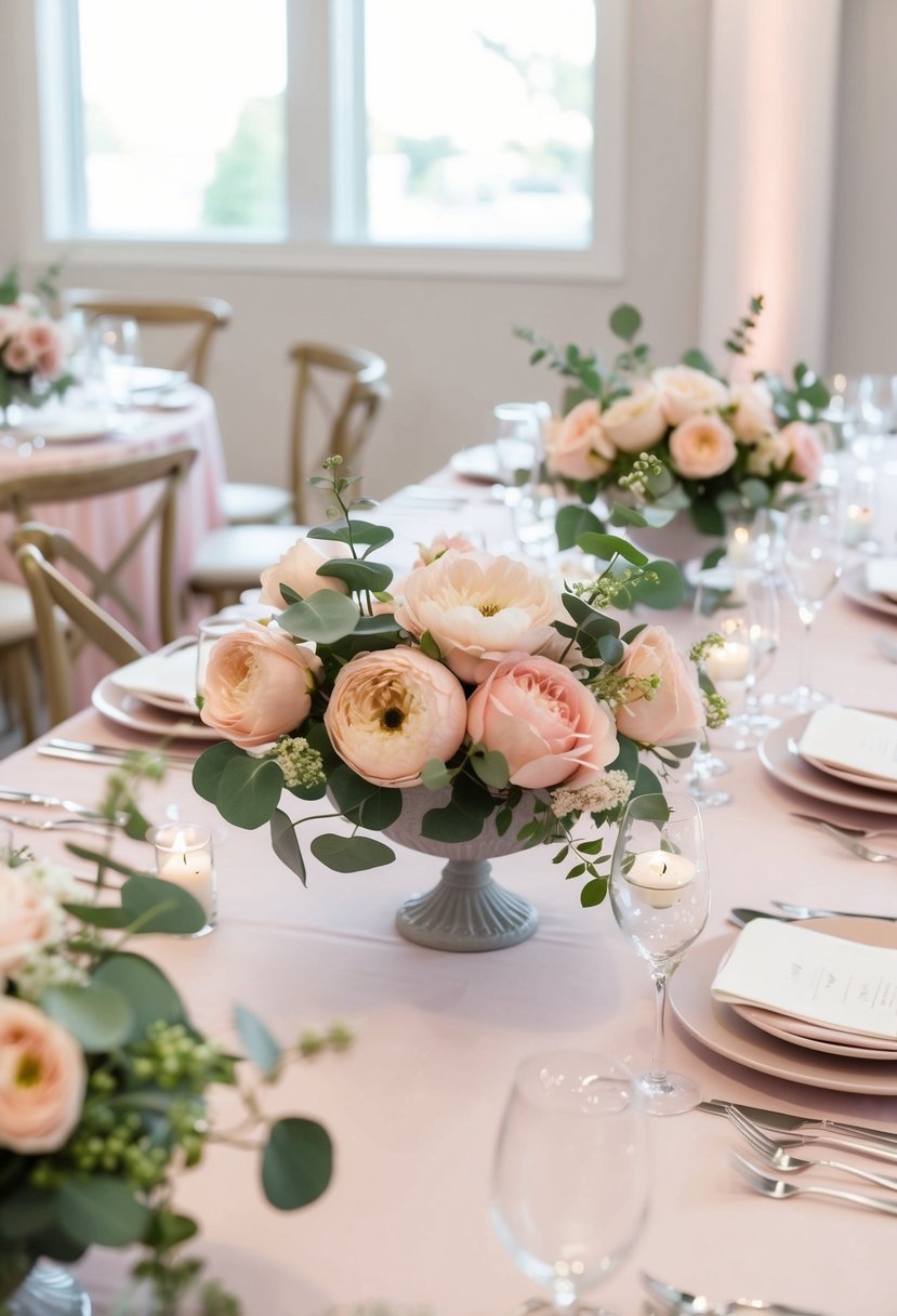 Blush pink floral centerpieces with eucalyptus accents adorn wedding tables in a soft, romantic setting