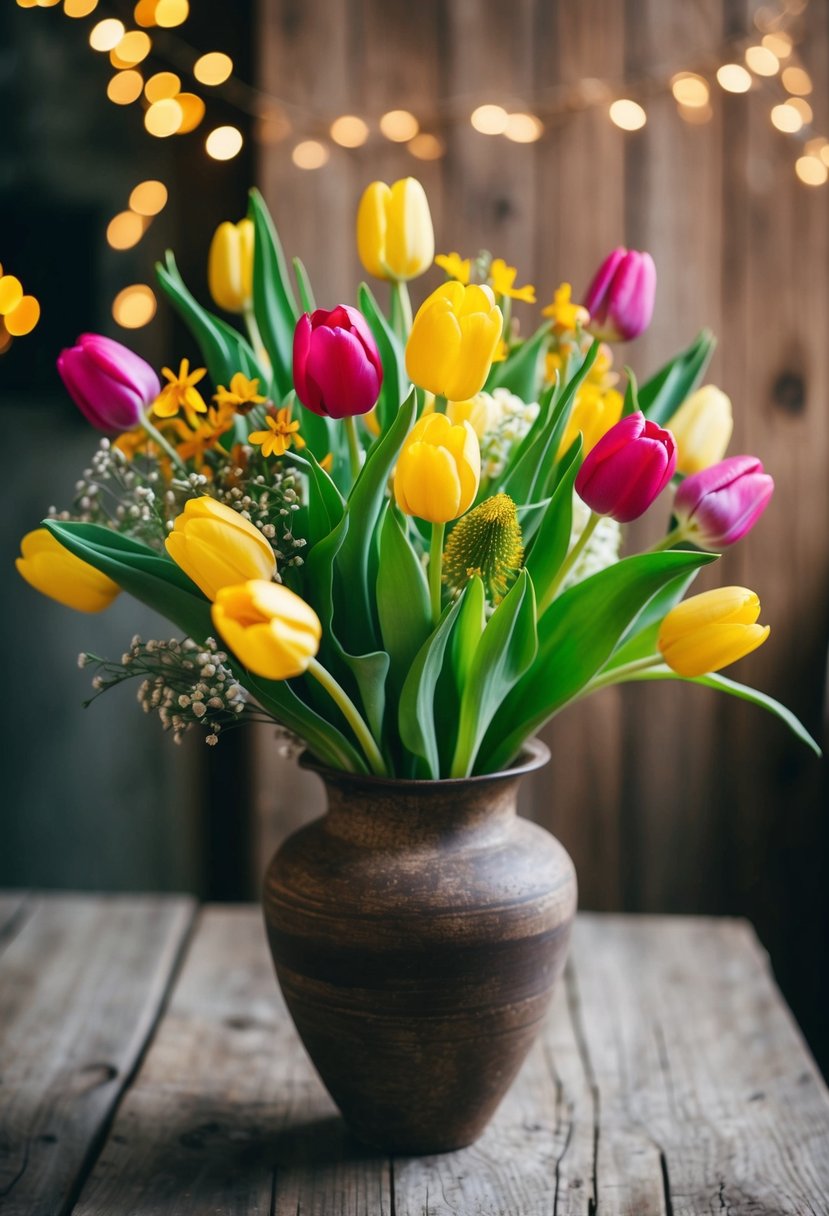 A vibrant bouquet of spring tulips and wildflowers arranged in a rustic vase