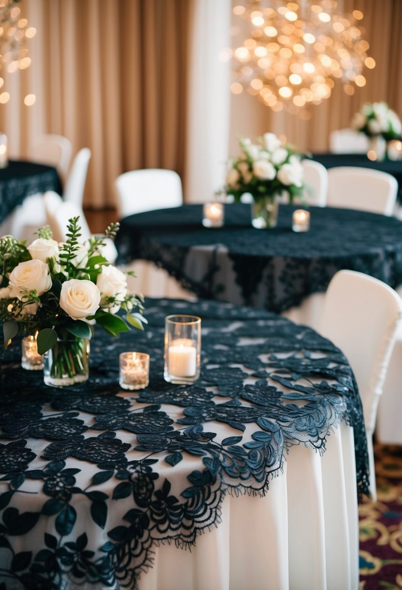 Black lace overlays on wedding tables, adorned with elegant decorations