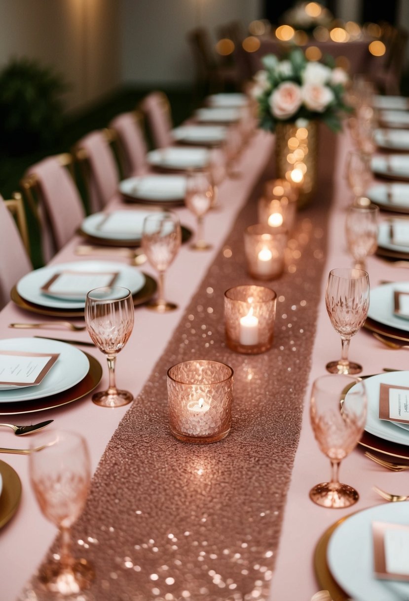 Rose gold table runners shimmer on dusty pink tablescape, adding elegance to the wedding reception decor