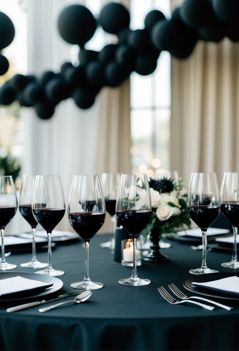 Black wine glasses arranged on a sleek black wedding table, surrounded by elegant black decorations