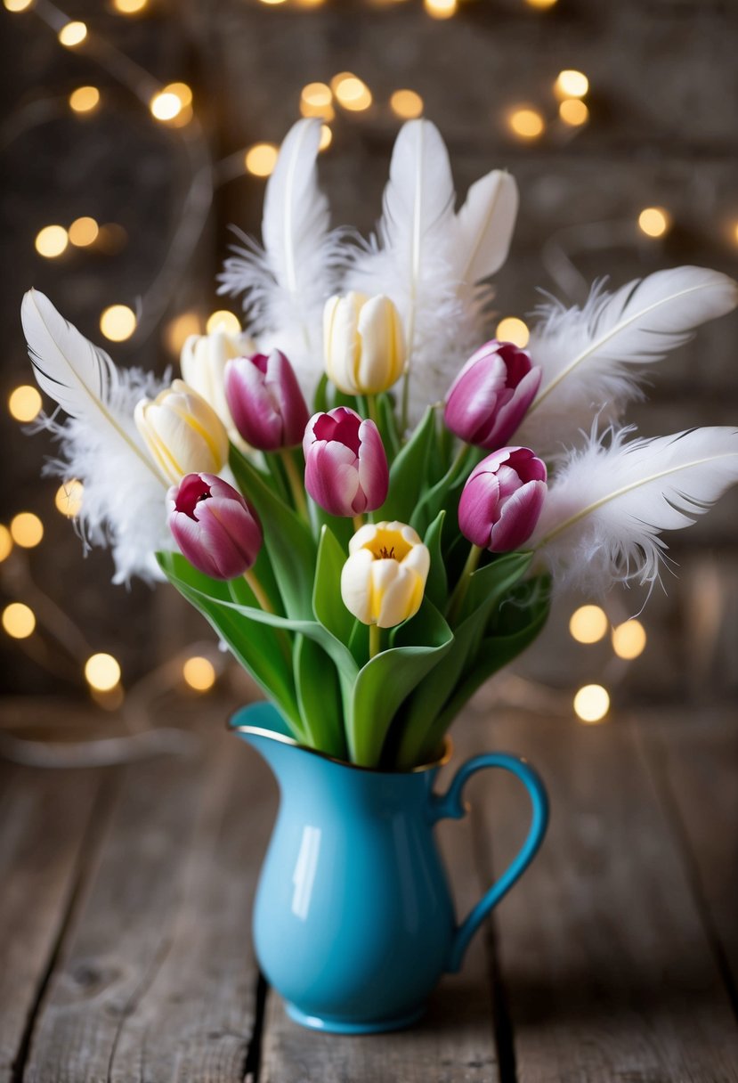 A bouquet of whimsical tulips with delicate feather accents