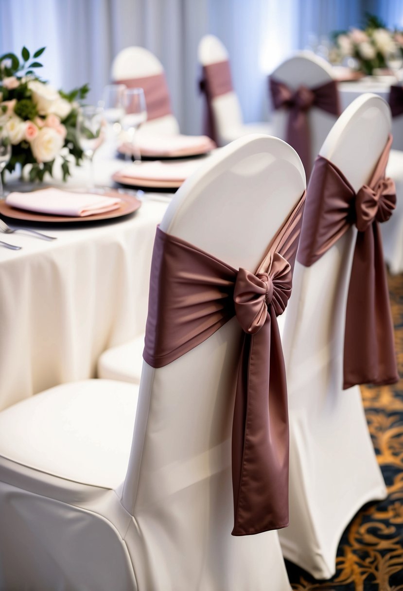 Ivory chair covers adorned with dusty pink sashes, complementing the wedding table decorations