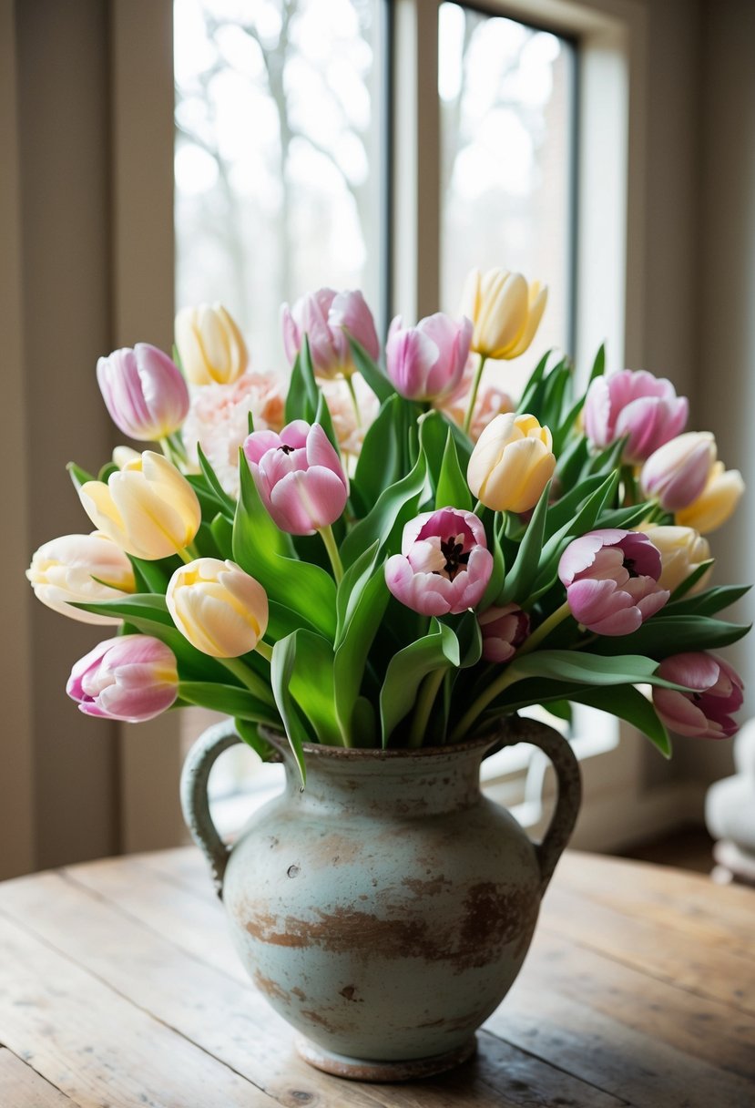 A lush bouquet of vintage tulips and peonies in soft pastel colors, arranged in a rustic, weathered vase on a wooden table