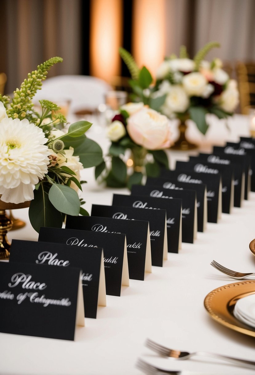 Elegant black place cards arranged on a wedding reception table with floral centerpieces