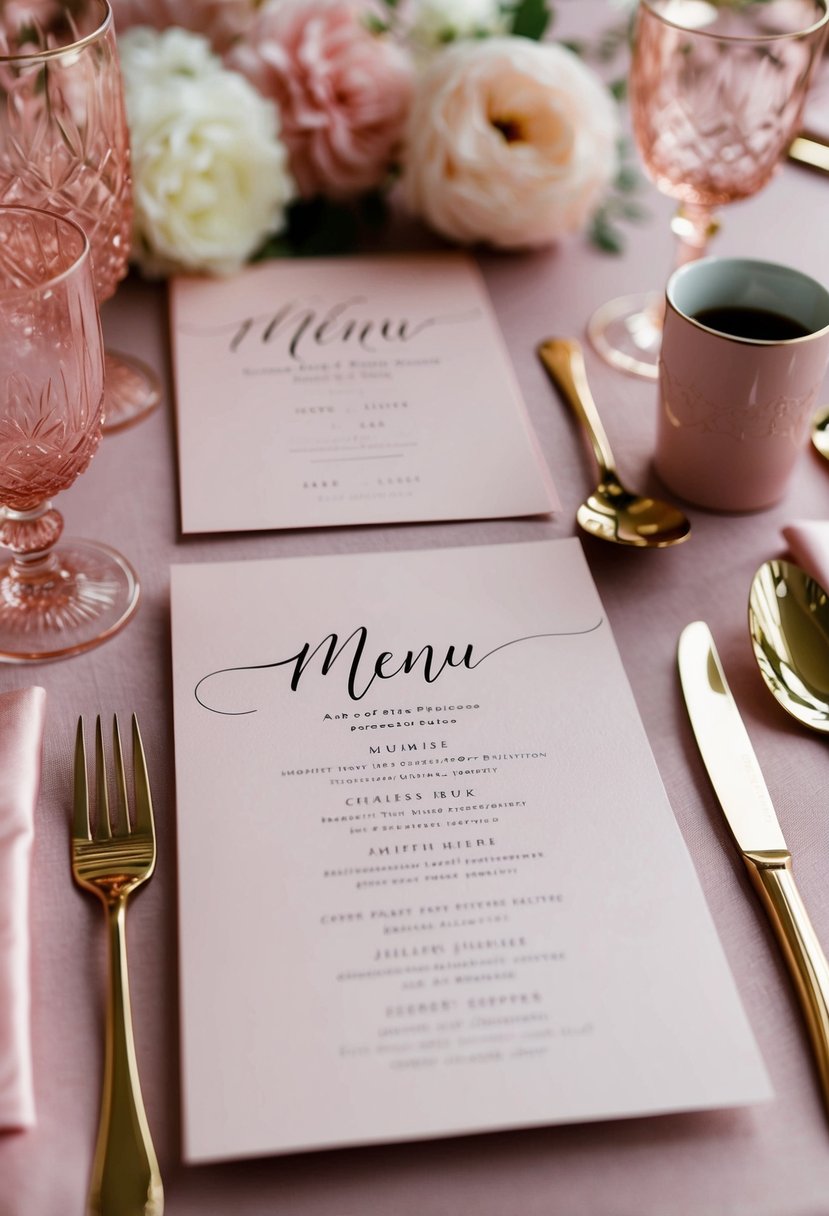 Soft pink menu cards lay on a table with calligraphy. Dusty pink wedding decorations surround them