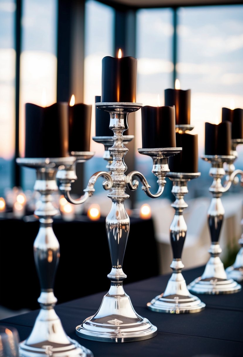 Silver candelabras hold black candles on a sleek black wedding table