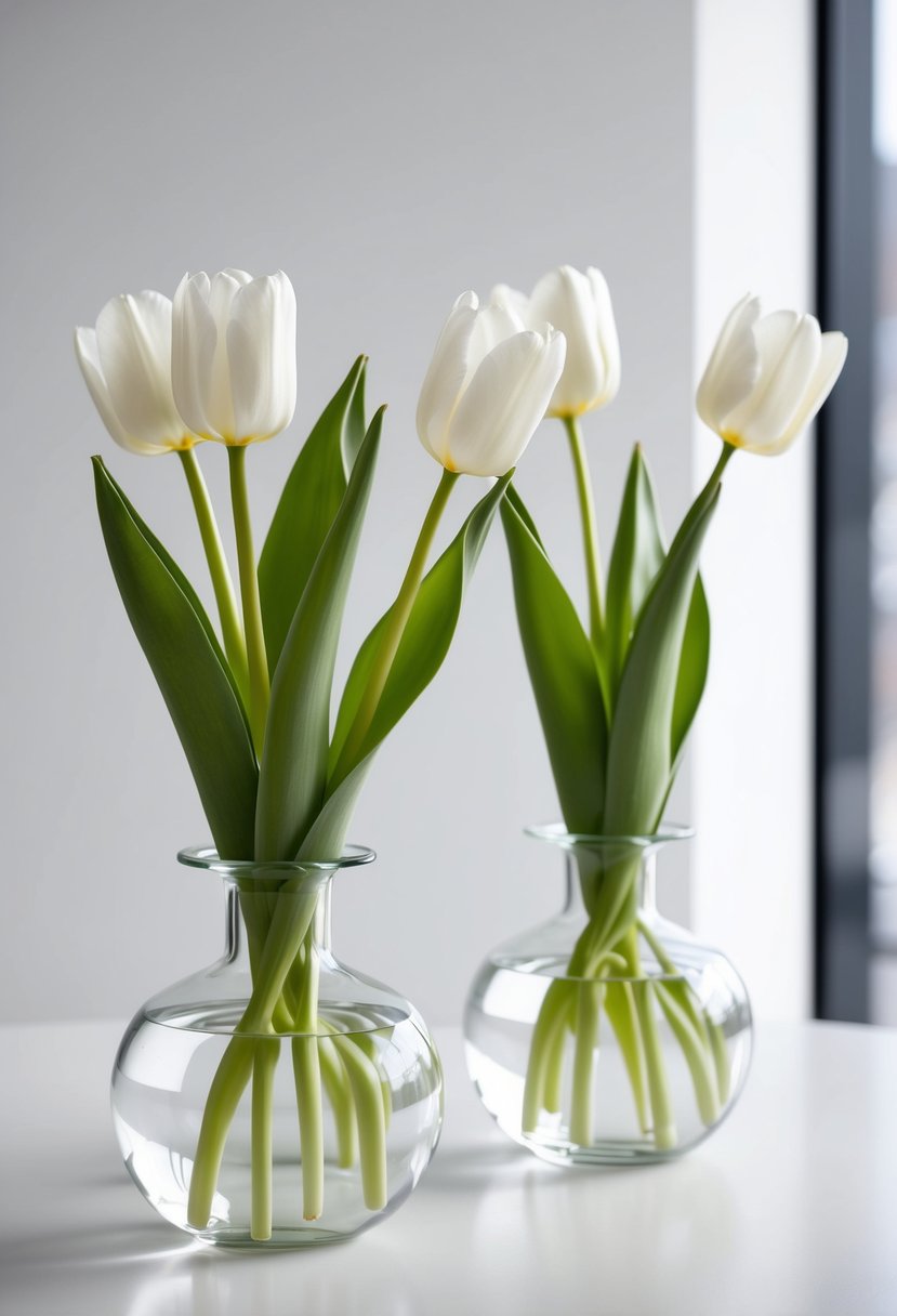 Two clear glass vases hold simple white tulips, set against a clean, minimalist backdrop