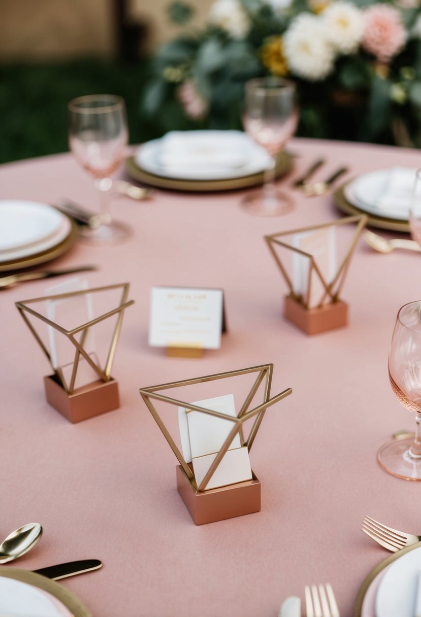 Blush and gold geometric place card holders arranged on a dusty pink wedding table