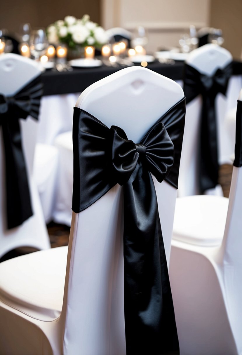 Black satin chair sashes elegantly draped over white wedding chairs, with matching black table decorations creating a sleek and sophisticated atmosphere