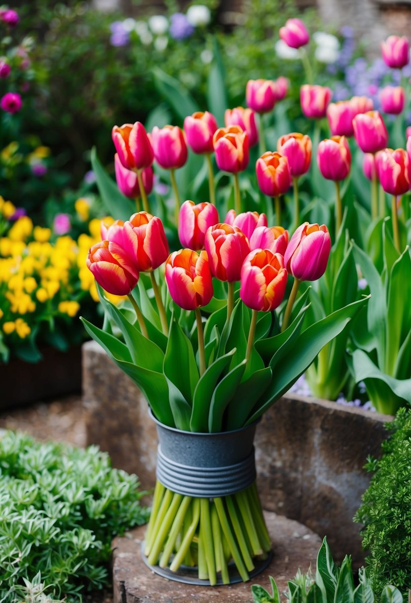 A vibrant tulip bouquet arranged in a rustic garden setting, surrounded by lush greenery and blooming flowers