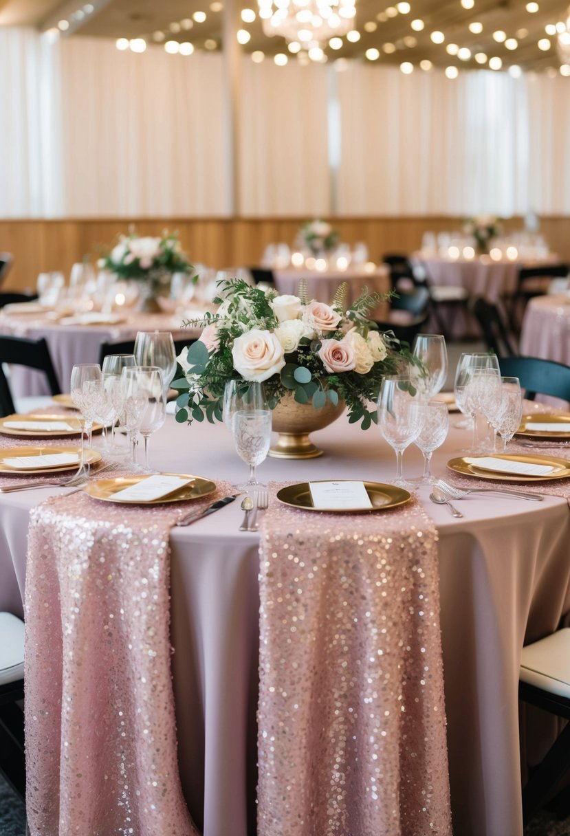 A table adorned with dusty pink sequin overlays, surrounded by matching wedding decor