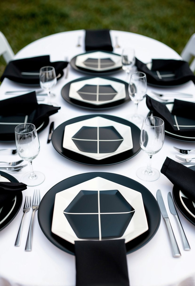 Black geometric accent plates arranged on a white table with silver cutlery and black napkins