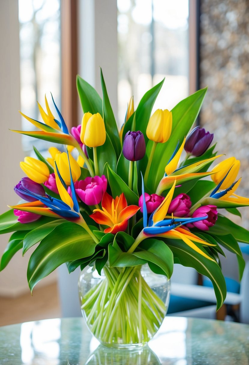 A vibrant tropical bouquet with tulips and bird of paradise flowers arranged in a cascading style