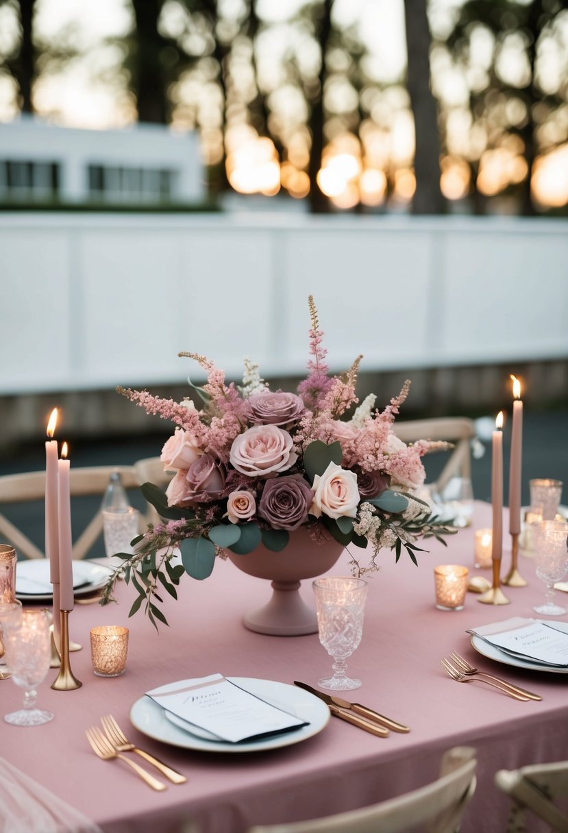 A dusty pink wedding table adorned with a mauve and pink floral arrangement and flickering candles