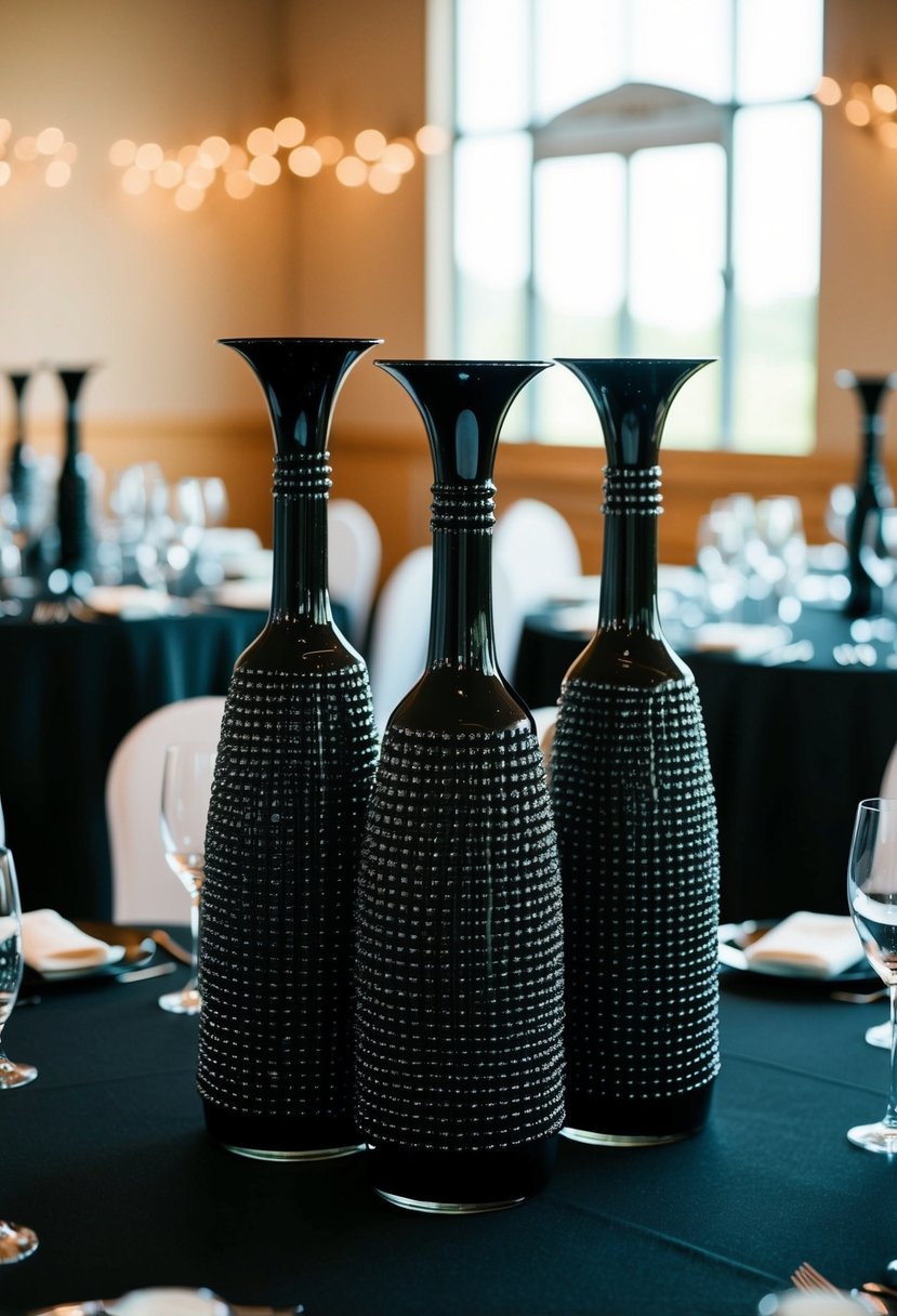 Black vases filled with water beads sit on a black wedding table