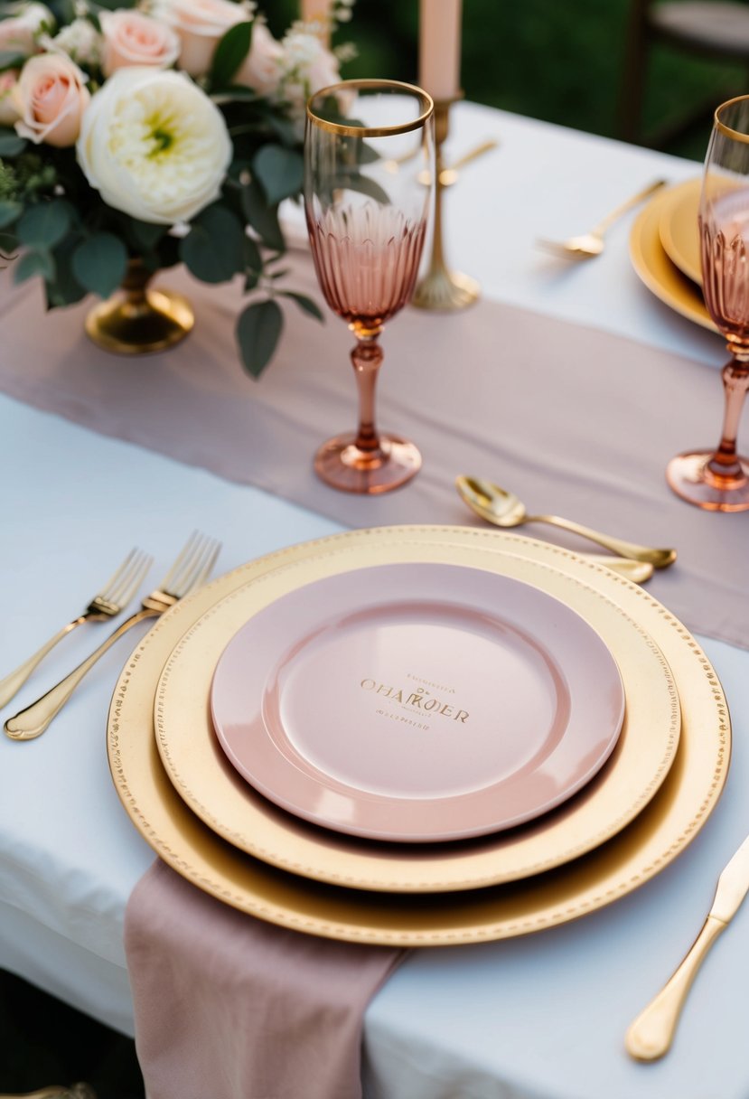 Gold charger plates support dusty pink dinnerware on a wedding table