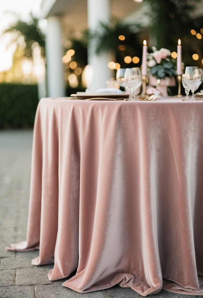 A blush pink velvet tablecloth drapes elegantly over a table, creating a luxurious and romantic atmosphere for a dusty pink wedding