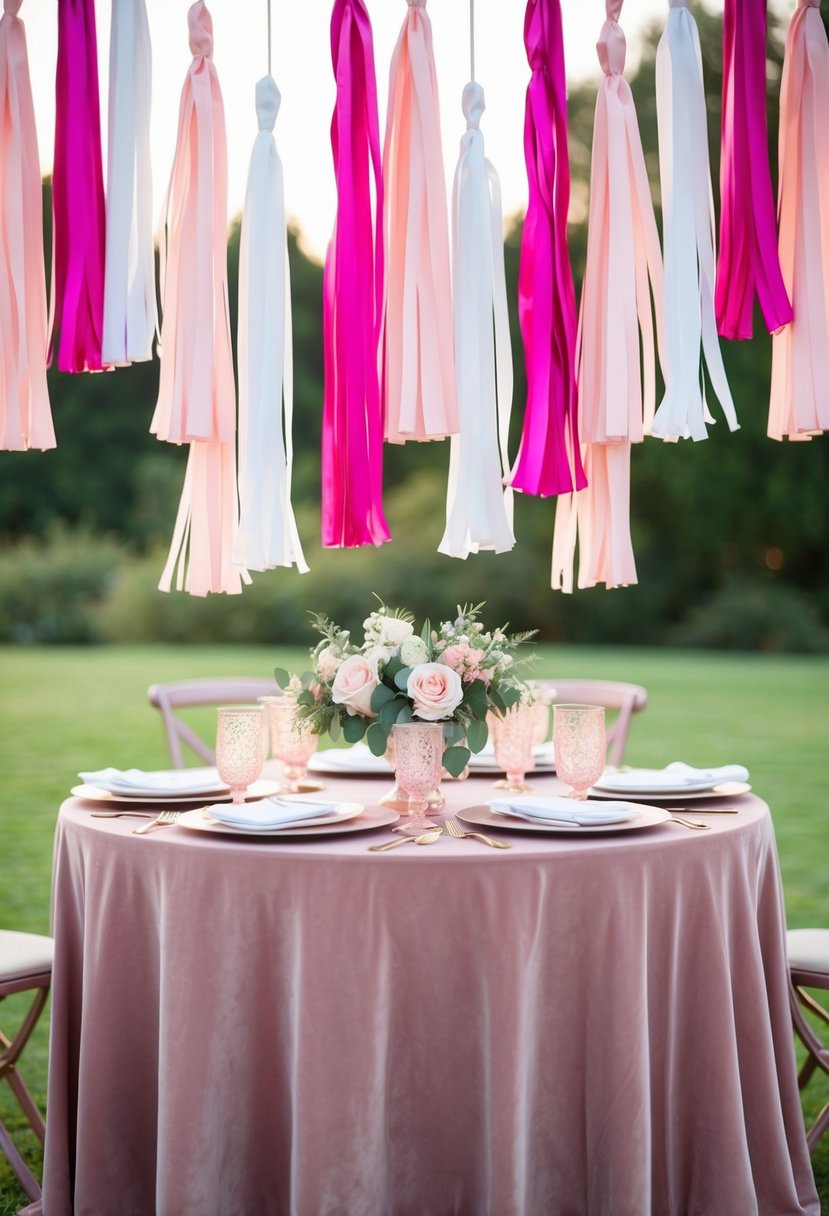 Pink and white tassel garlands hang above a dusty pink wedding table, creating a festive and romantic atmosphere