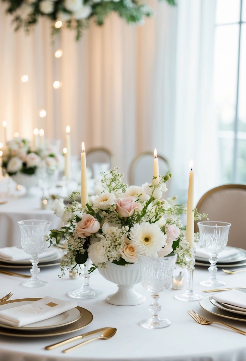 A white table adorned with delicate flowers and candles, set against a backdrop of soft lighting and elegant tableware