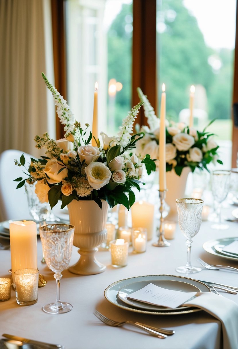 A beautifully set table with elegant floral centerpieces, delicate candles, and sparkling glassware for a home wedding celebration