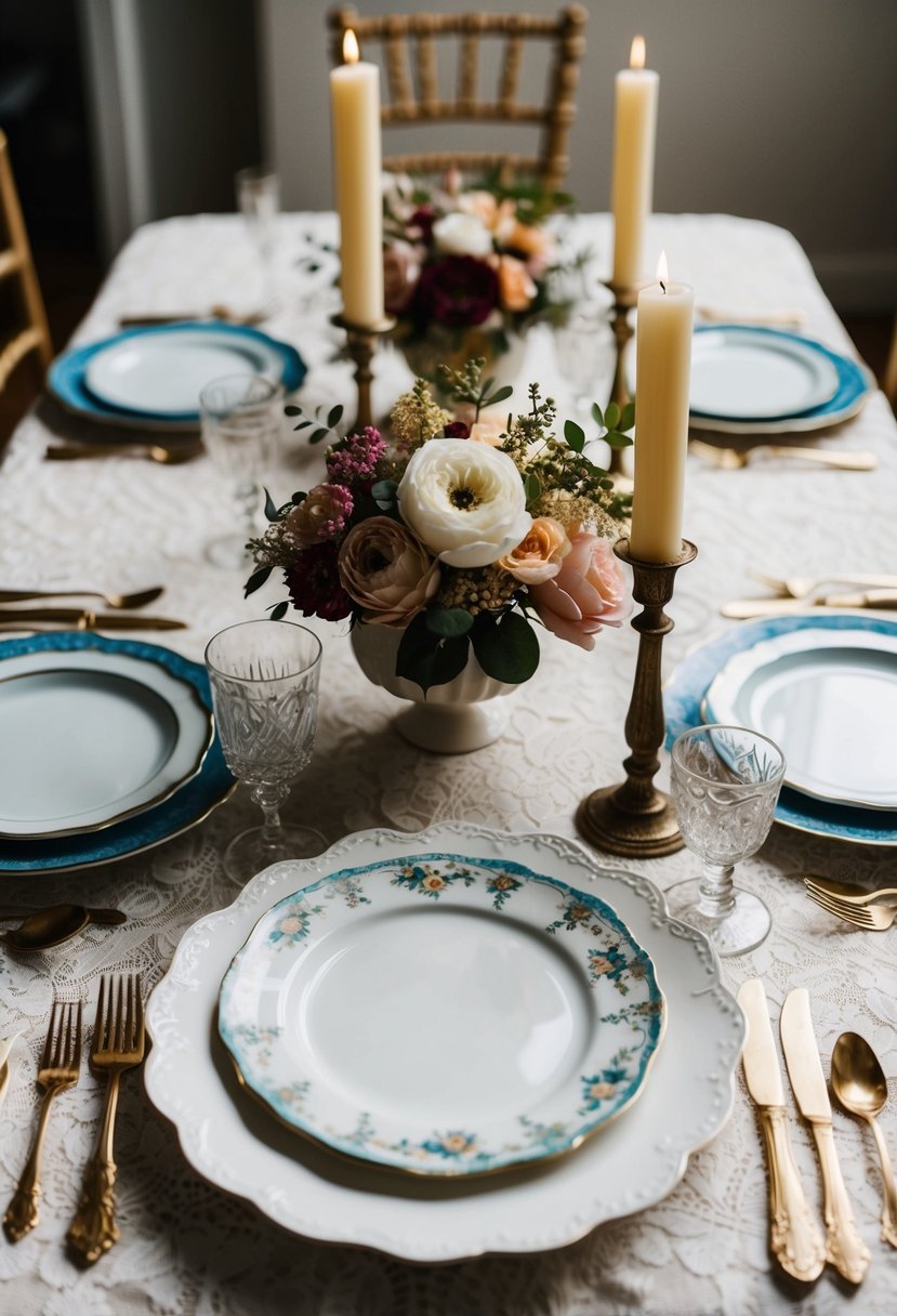 Mismatched antique plates arranged on a lace tablecloth with vintage floral centerpieces and candlesticks for a home wedding table decoration