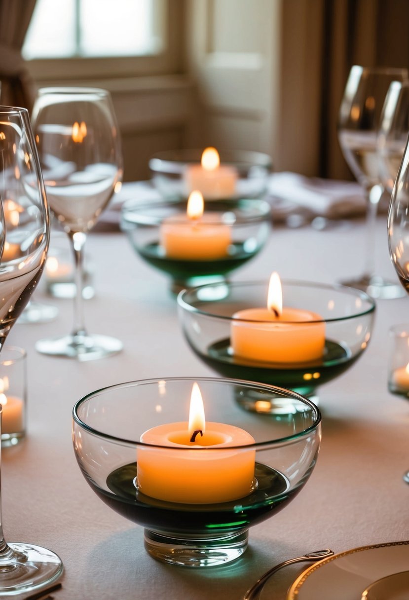 Glass bowls hold floating candles, casting a soft glow on elegant wedding tables