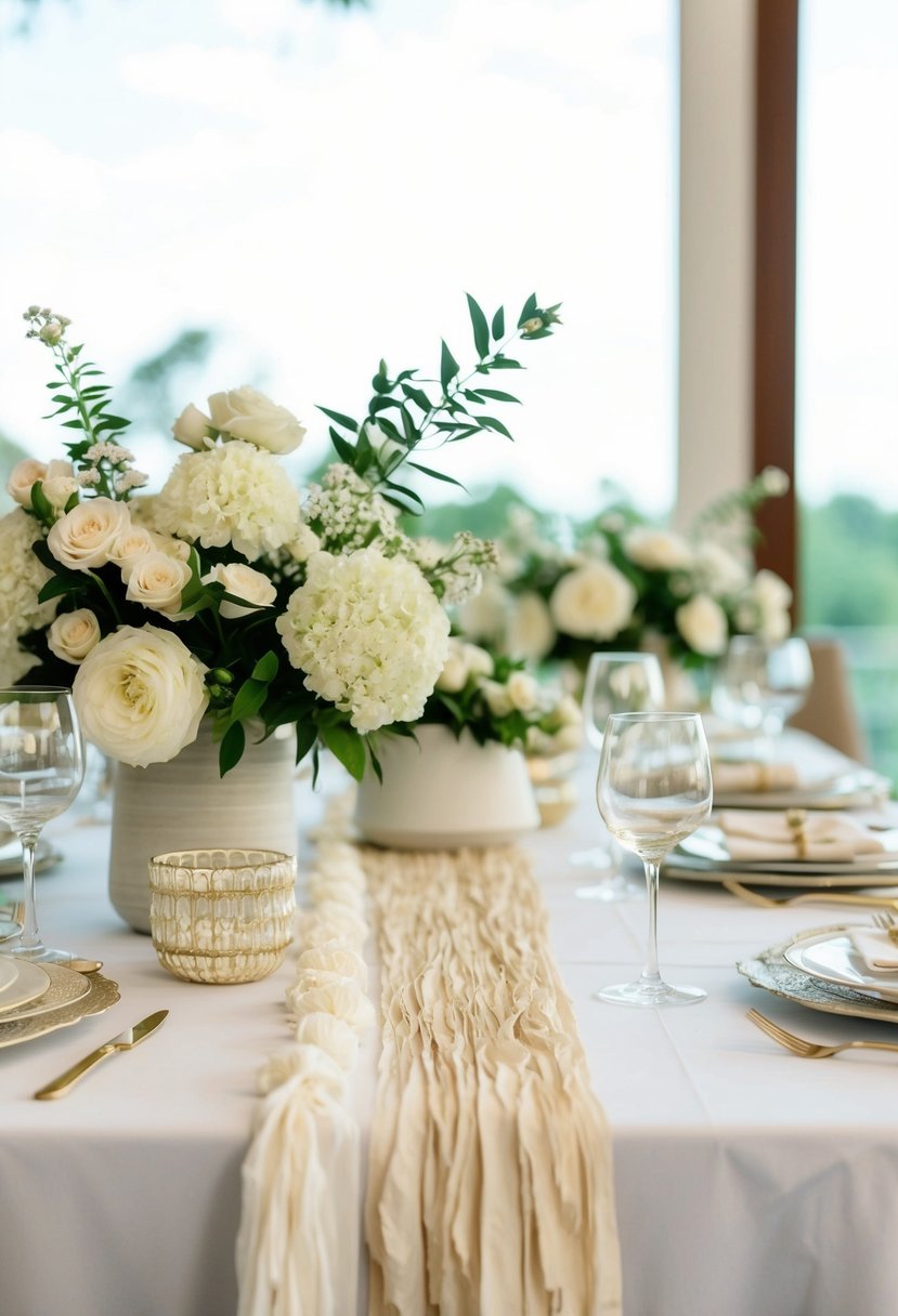 A table adorned with layers of white and cream textures for a home wedding decoration