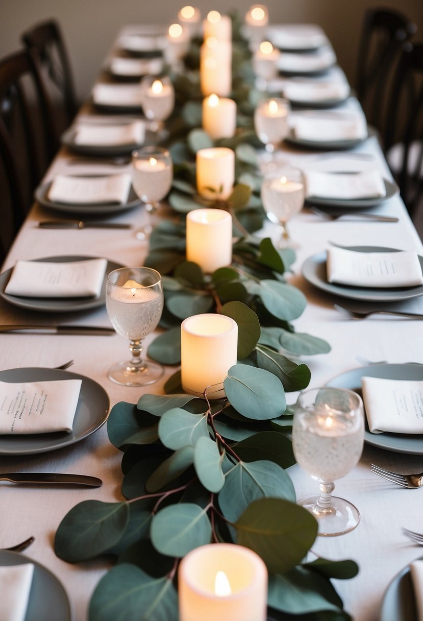 Eucalyptus runners intertwine with tea lights on a simple, elegant wedding table