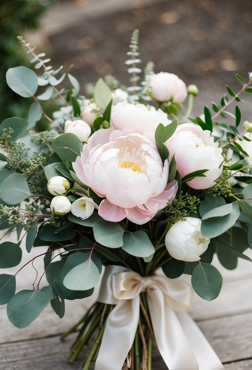 A lush bouquet of eucalyptus and peonies, with delicate pink and white blooms, tied with a satin ribbon