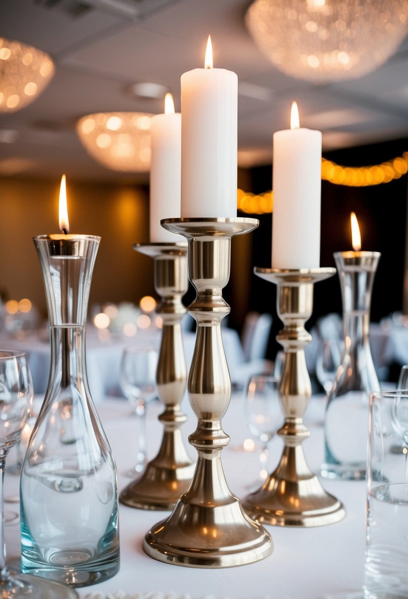 Metallic candlesticks stand among clear glass vases on a wedding reception table