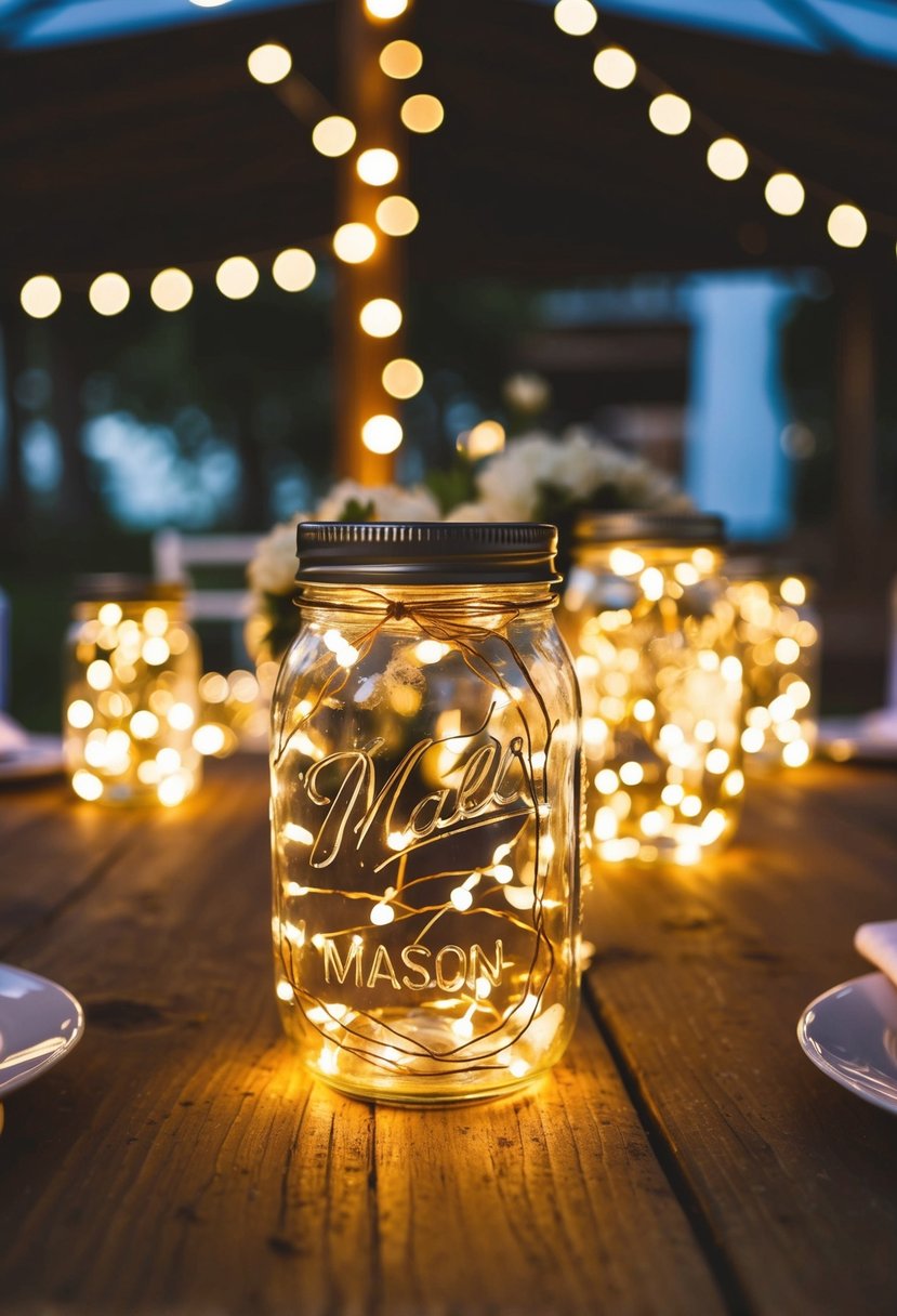 Mason jars filled with fairy lights illuminate a rustic wedding table