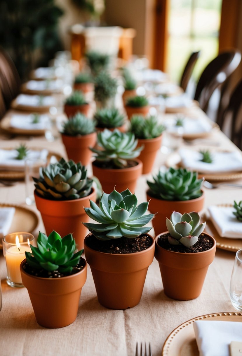 Small potted succulents arranged on tables for a cozy home wedding