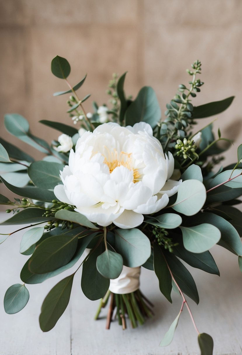 A delicate white peony surrounded by fresh eucalyptus leaves, creating a beautiful and elegant wedding bouquet