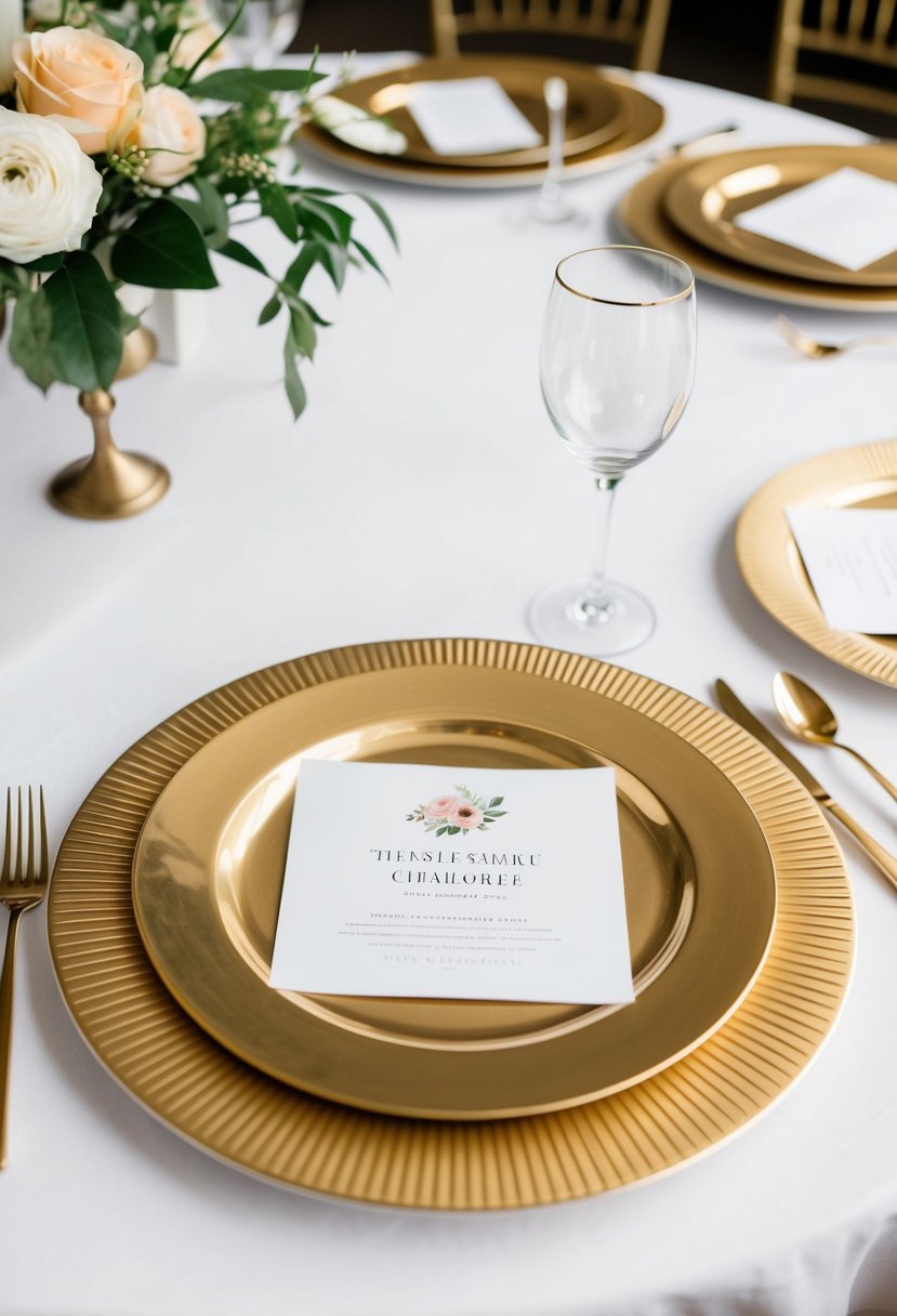 Gold-rimmed charger plates arranged on a white tablecloth with a single elegant floral centerpiece