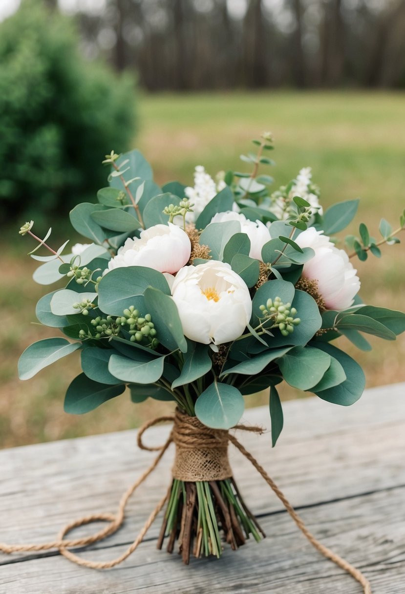 A rustic bouquet of eucalyptus and peonies tied with burlap and twine