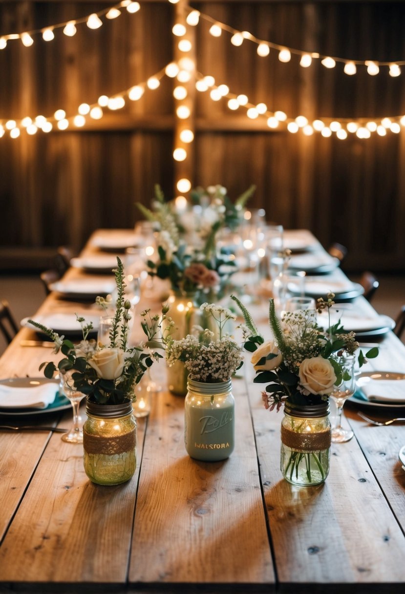 String lights drape over a rustic wooden table, casting a warm glow on mason jar centerpieces and delicate floral arrangements