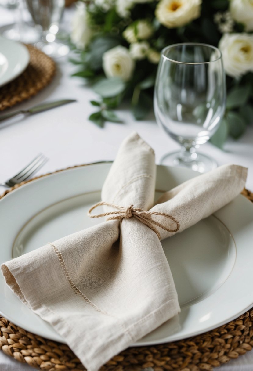 Elegant linen napkins tied with twine on a wedding table