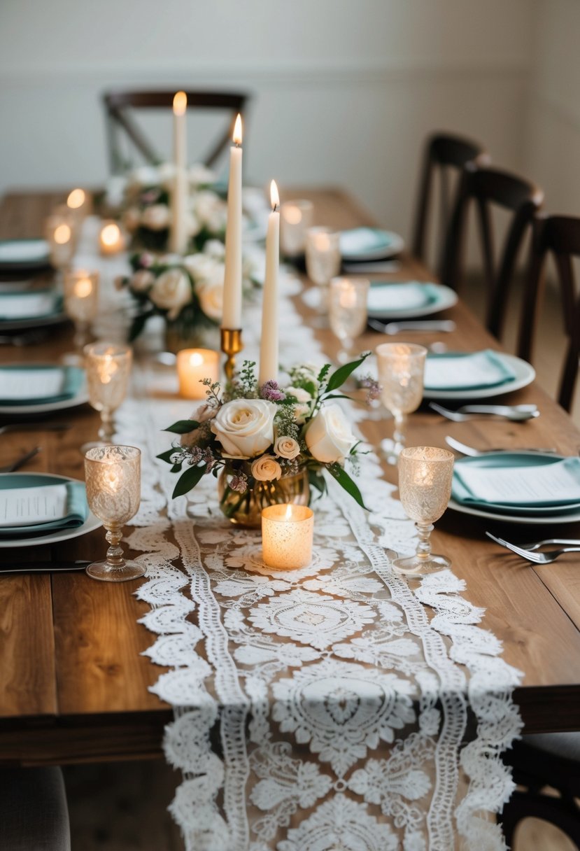 A lace table runner drapes gracefully across a wooden table, adorned with delicate floral centerpieces and flickering candles