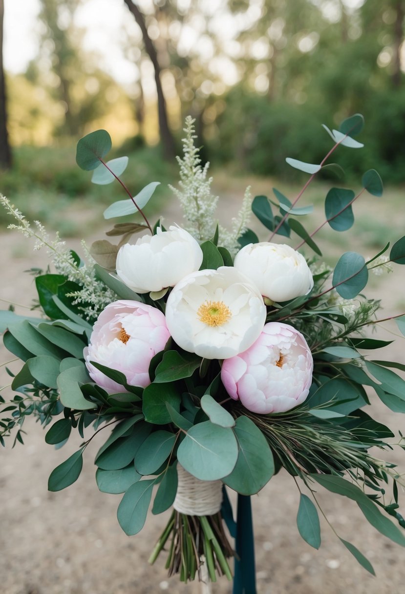 Lush peonies and wild eucalyptus arranged in a bohemian-style wedding bouquet