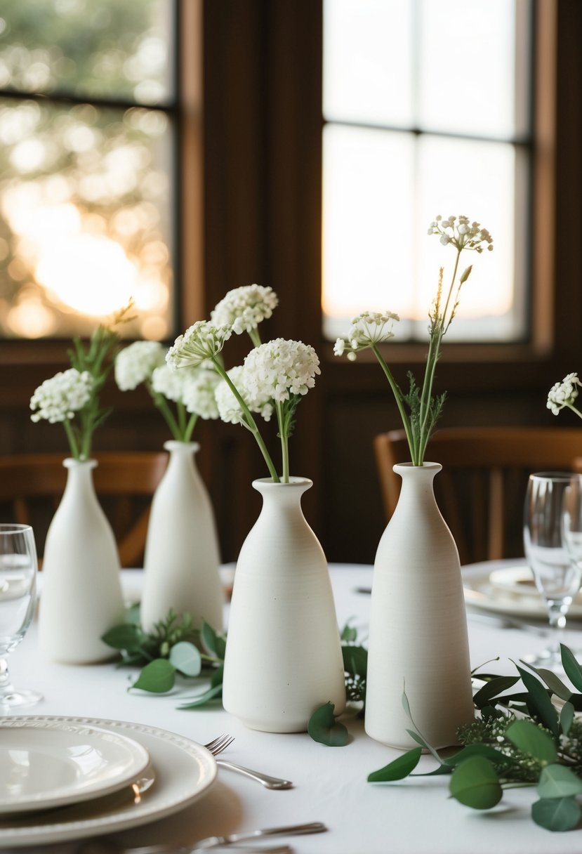 A table set with simple, elegant ceramic bud vases as wedding decorations