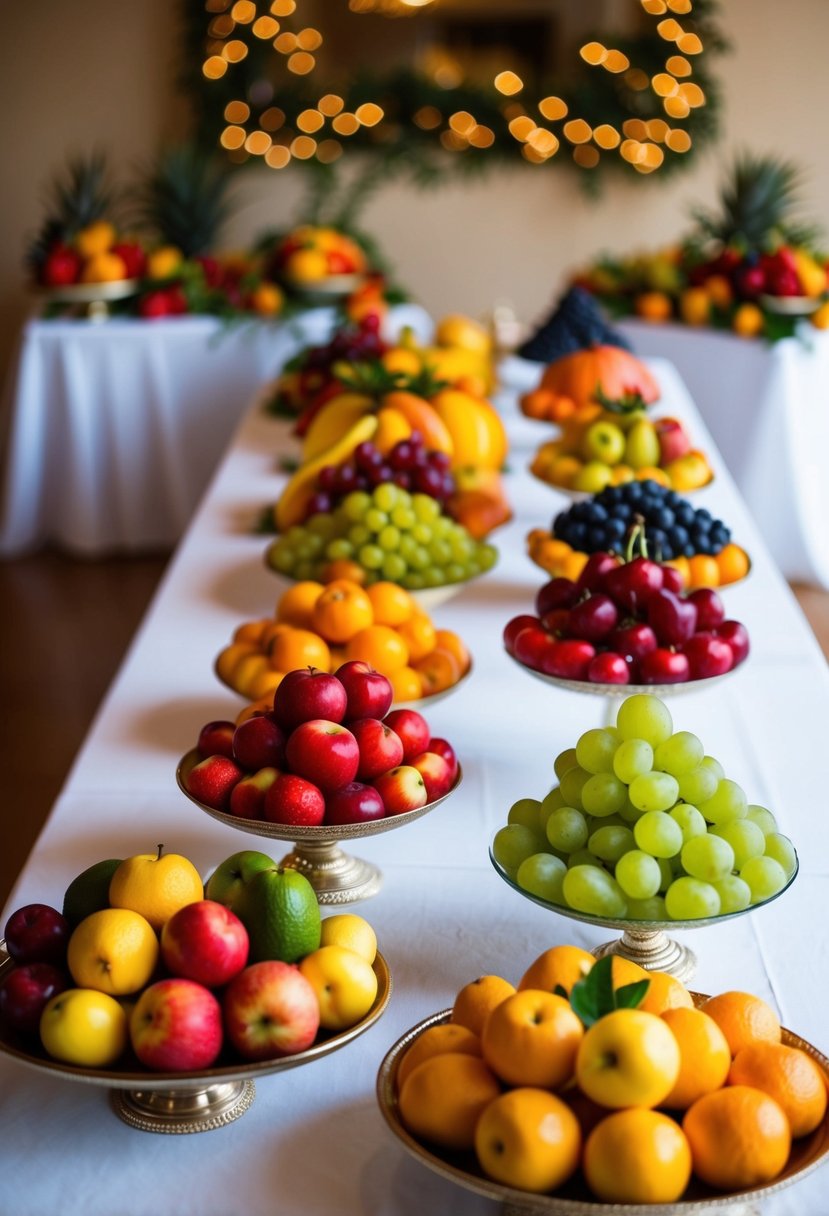 A variety of colorful seasonal fruits arranged in decorative displays on a home wedding table