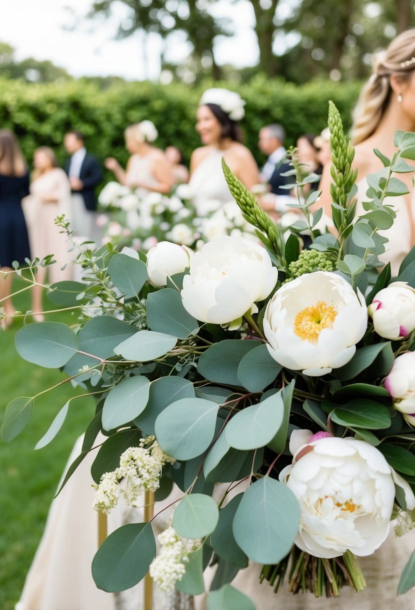 A lush garden party with eucalyptus and peonies in elegant wedding bouquets