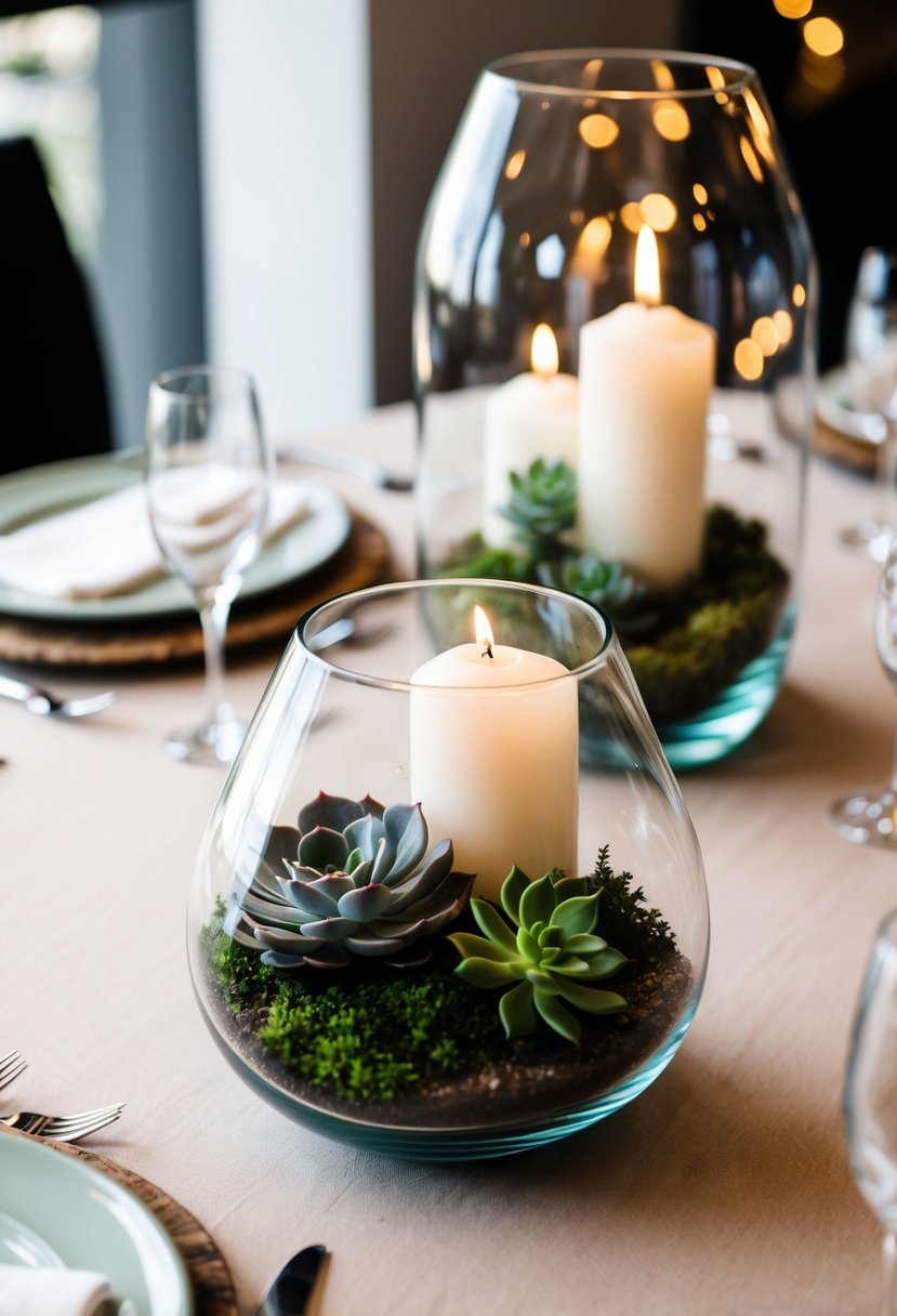 Glass terrariums with delicate succulents and white candles create an elegant centerpiece for a simple wedding table