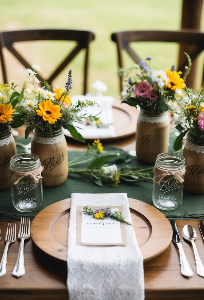 Wooden chargers with white lace napkins, mason jar centerpieces, and wildflower bouquets adorn a rustic wedding table